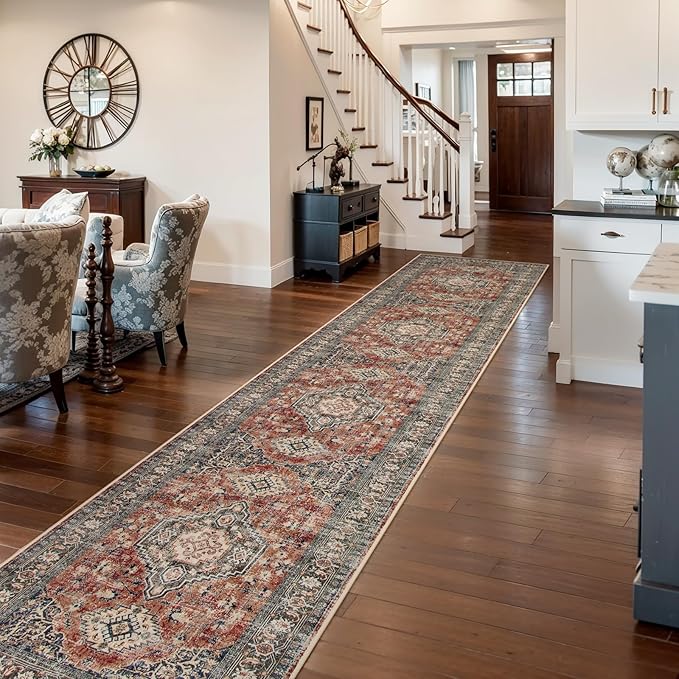 Lahome Oriental Hallway Runner Rug, 2.5x12 Washable Runners for Hallways Kitchen, Soft Distressed Non Shedding Long Carpet for Entryway ‎Laundry Room Eleanor, Brick Red