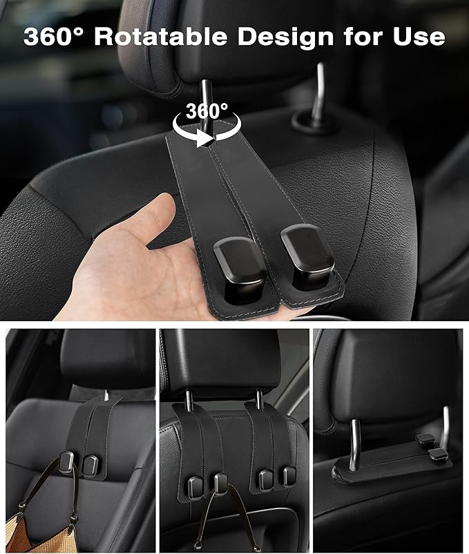 Car Hooks for Headrest, 4PCS Car Purse Hooks Luxurious Leather 100% Metal Car Hangers for Seat Multifunctional Car Bag Hook Car Seat Back Storage Hook Accessories (Black)