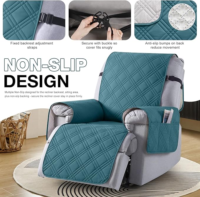 TAOCOCO 100% Waterproof Recliner Chair Covers, Non Slip Recliner Covers for Recliner Chair with Pocket, Washable Reclining Chair Cover Furniture Protector for Kids,Dogs(25'', Peacock Blue)