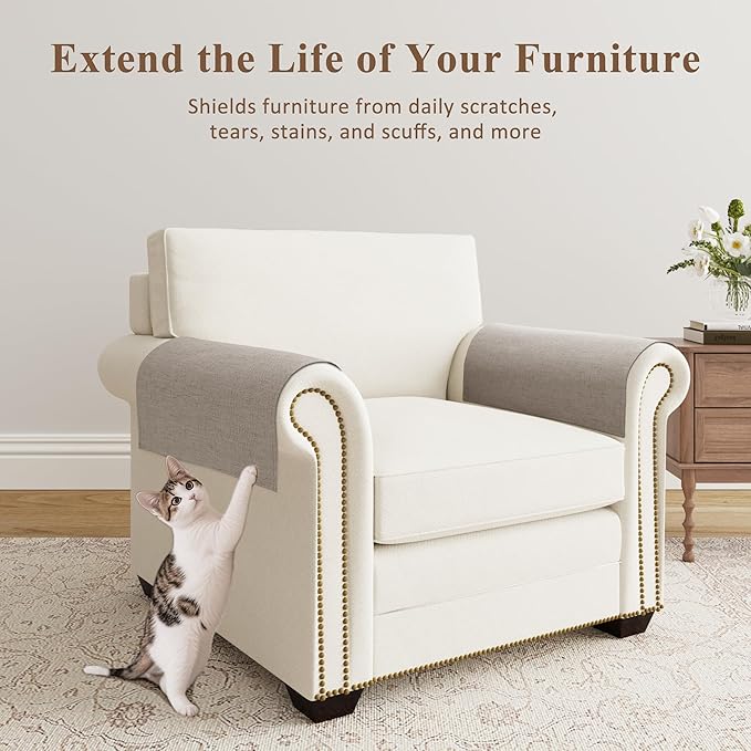 SPWIY Couch Arm Covers Linen Chair Arm Covers Anti-Scratch & Stain Resistant Furniture Protector for Sofa Set of 2 Washable Recliner Armrest Cover for Pets, 20" W x 24" L, Camel
