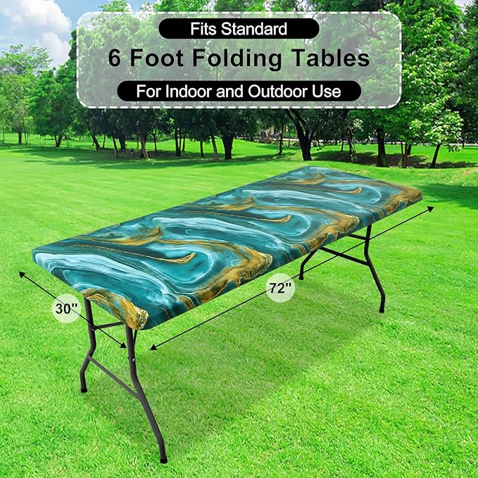 misaya Rectangle Vinyl Tablecloth, Fitted Table Cover, 100% Waterproof, Elastic Edge, Flannel Backing, Table Cloth Fit 6 Foot Folding Tables for Picnic, Outdoor (Ripples, 30x72 inch)
