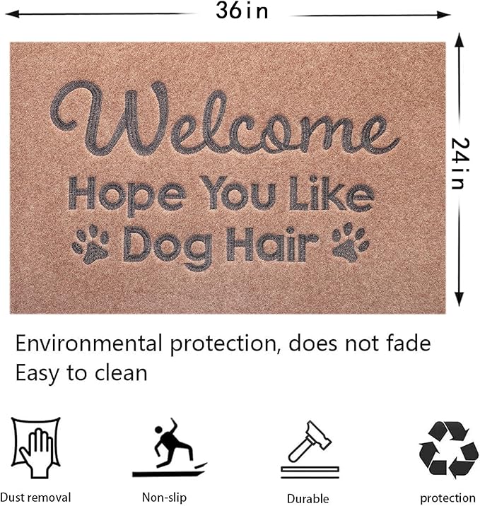 Welcome Mats for Front Door Hope You Like Dog Hair Doormat, Natural Rubber Non Slip Back Mat Indoor Funny Dog Mats for Home Decor Entryway Brown 36" x 24"