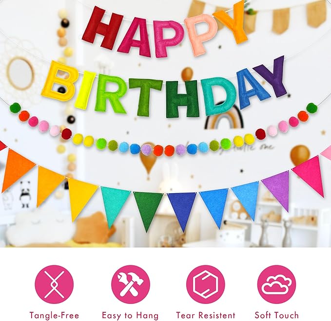 CANREVEL Pre-Strung 3D Happy Birthday Banner, 3 PCS Rainbow Happy Felt Garland, Pom Pom Garland, Triangle Fabric Bunting, Reusable Rainbow Birthday Decorations for Girls Boys Women Men