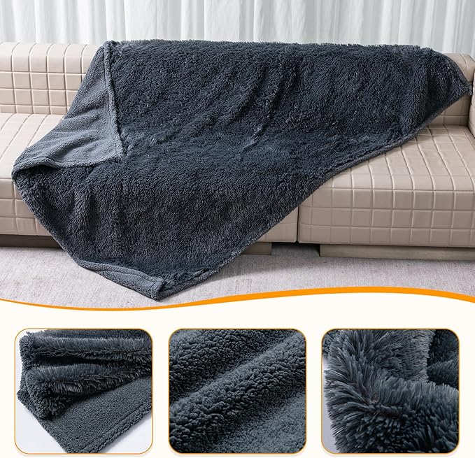 Wowchine Calming Cat Blanket for Bed 85x57in Couch Sofa Cover Grey Waterproof Dog Blankets for Large Dogs Washable Long Faux Fur Pet Throw Blanket for Puppy Reversible Furniture Protector, (Gray XL)
