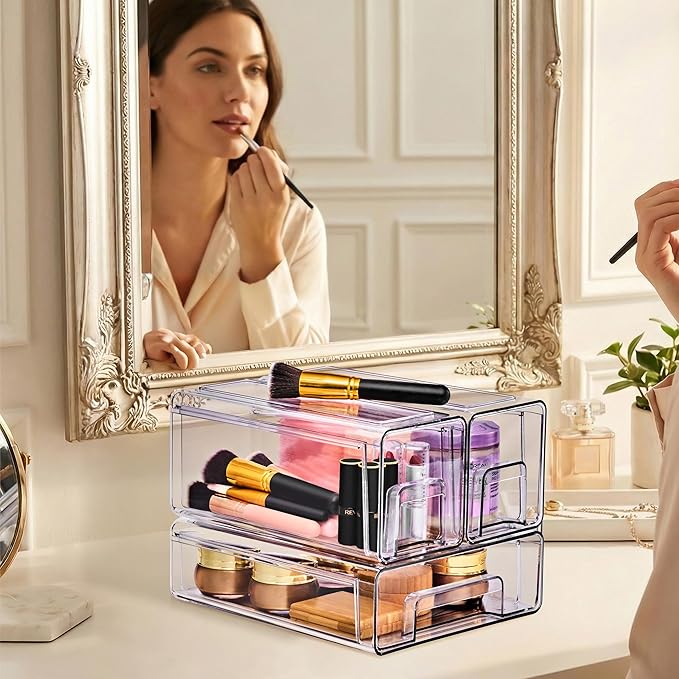 Sorbus 1 Medium & 2 Small Clear Stackable Storage Drawers, Plastic Organizer Bins with Handles, Pull-Out Stackable Drawers for Bathroom Closet, Medicine, Cabinet, Pantry Storage, Baby Bottle Organizer