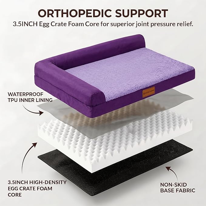 Patas Lague Orthopedic XL Dog Bed Large Sized Dog 48''X30'', Waterproof L Bolster Big Large Pet Sofa Beds with Removable Washable Cover, Soft Pet Couch Crate Mat with Nonskid Bottom, Purple
