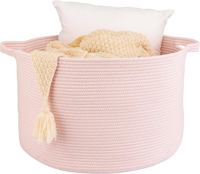 XUANGUO Extra Large Cotton Rope Basket Blankets Basket Living Room 22"x14" Toy Baskets for Kids Dogs Storage Baskets for Nursery Woven Laundry Baskets for Clothes Towels Baby Toy Storage Round pink