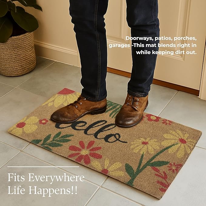 COCONIQ Coir Door Mats 17" X 30", Non-Slip Sturdy, PVC Backed Heavy Duty, Easy to Clean, Ideal for Door Entrance, Patio, Porch, Backyard, Garages, Vibrance of Flora - Hello