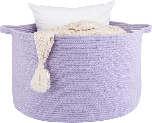 XUANGUO Extra Large Cotton Rope Basket Blankets Basket Living Room 22"x14" Toy Basket for Kids Storage Basket for Nursery Woven Laundry Basket for Clothes Baby Toy Storage round purple or Lavendor