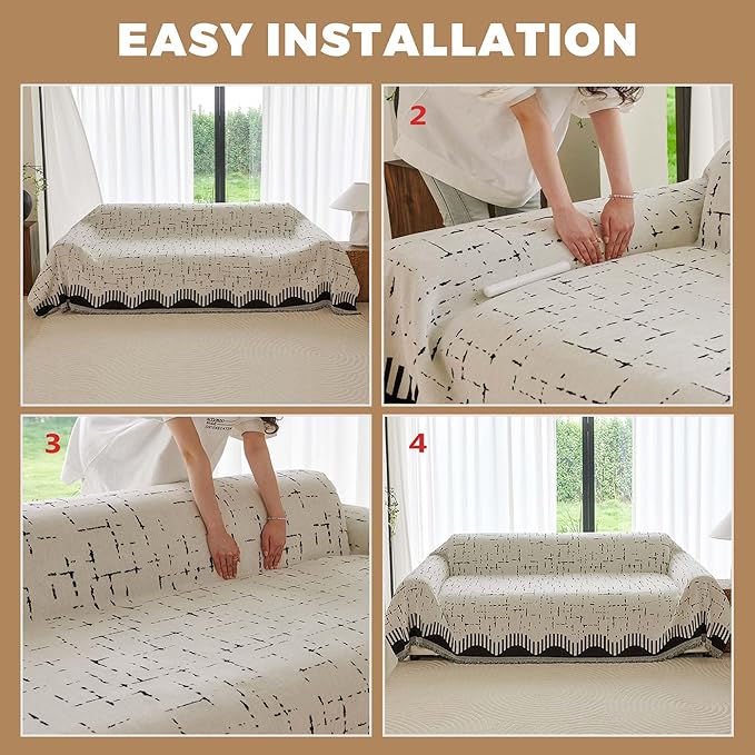Couch Cover for 3 Cushion Sofa Pet Friendly Furniture Covers, Chenille Sofa Covers Washable L Shape, Boho Couch Blanket Cover with Tassel Decoration, 71"x 134", Beige