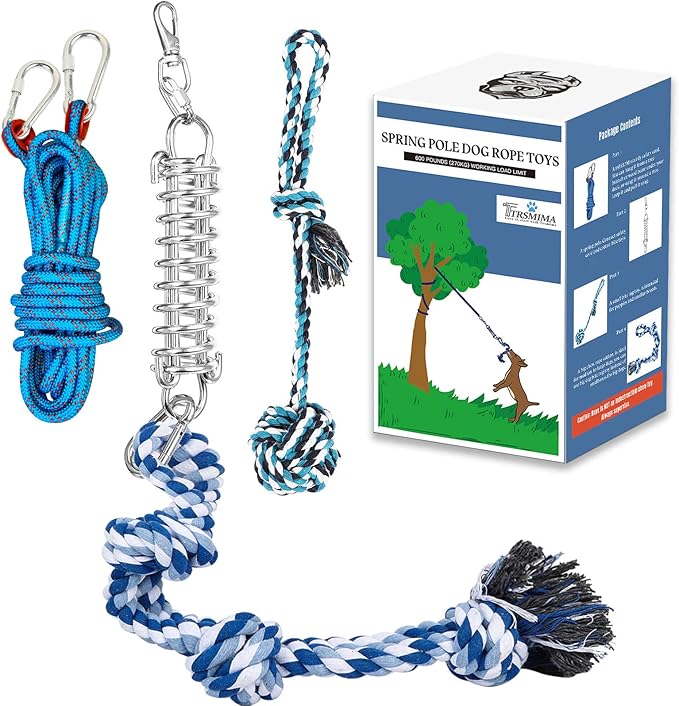 TT TRSMIMA Spring Pole Rope Toys: Rope Pull & Tug of War with a Big Spring Pole Kit & 2 Strong 16ft Toys - Muscle Builder Interactive Toy for Pitbull Medium to Large Dog