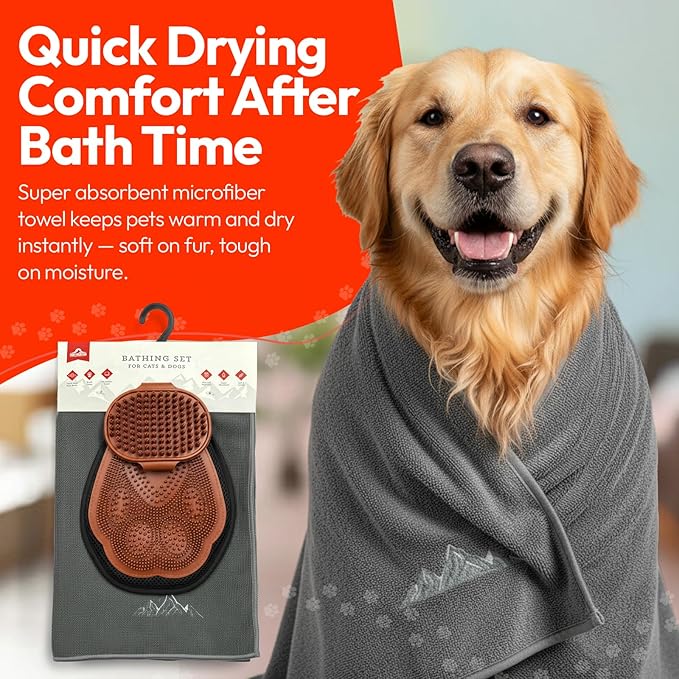 PW Pet Grooming Tools for Dogs & Cats- 3 Pack Dog Bathing Set- Safe On Skin Super-Absorbent Microfiber Towel – Soft & Gentle Brush Glove and Hand-Held Dog Bath Brush
