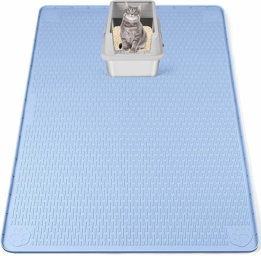 Bartuke Cat Litter Mat, XXL Extra Large 50" x 35" Silicone Mat Litter Trapping Mat for Scatter Control, Soft on Kitty Paws, Easy to Clean (Blue)