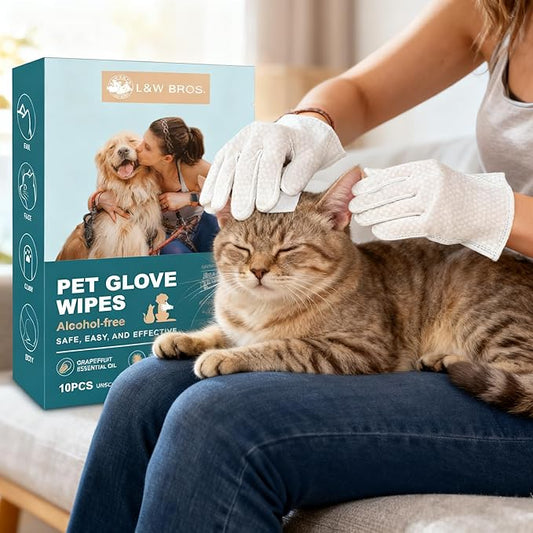 L&W BROS. Dog Wipes Gloves 10 PCS Individually Packaged, Flush-Free, Safe, Alcohol-Free, and for Convenient Grooming Cleaning Deodorizing Hypoallergenic Wipes Disposable Premium Pet Wipes (Unscented)