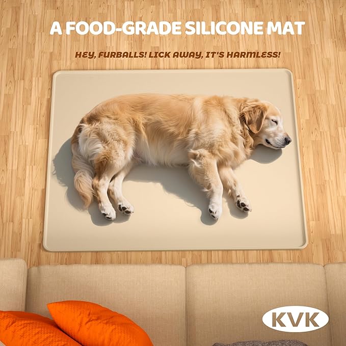 Extra Extra Large Silicone Dog Food Mat 39.4×43.3in and 128oz Silicone Bag Set, Super Size Waterproof Pet Feeding Mat & Container, Non-Slip, Chew-Resistant Floor Protection (Beige&Yellow)