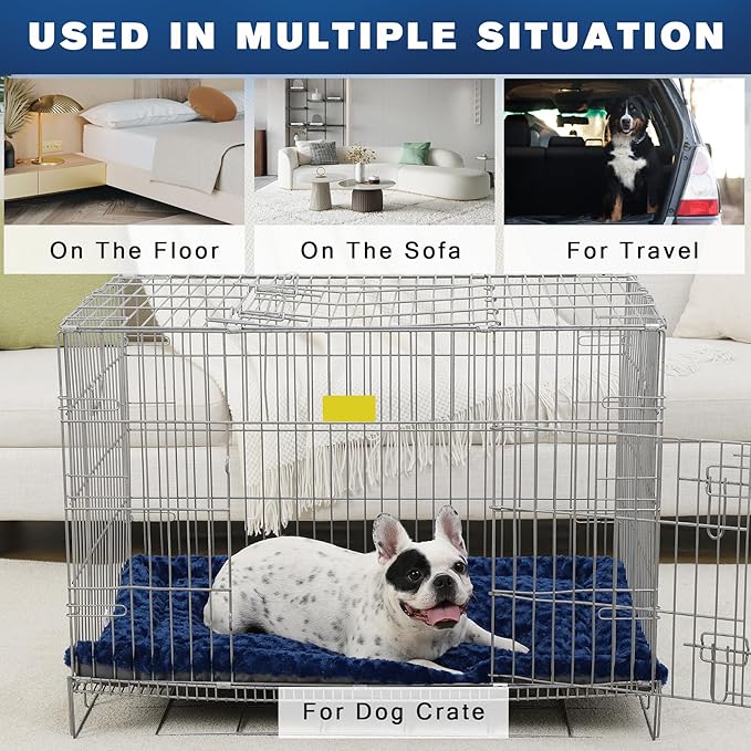 Washable Dog Bed Mat Reversible Dog Crate Pad Soft Fluffy Pet Kennel Beds Dog Sleeping Mattress for Large Jumbo Medium Small Dogs, 29 x 18 Inch, Blue