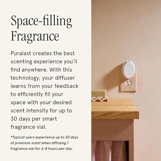 Pura Mini Smart Fragrance Diffuser for Small Spaces Adjustable Smart Home Device with LED Light & Automatic Vial Detection - Includes 1 Scent Refill; Linens & Surf