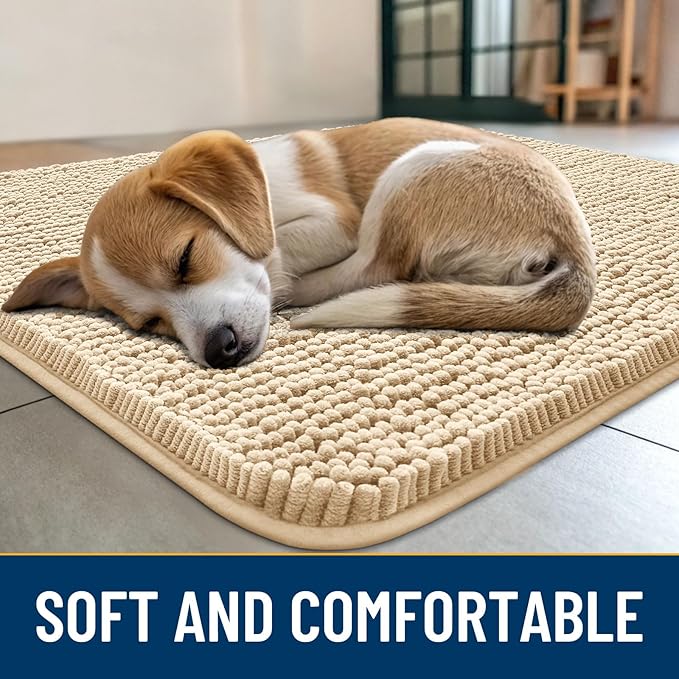 Smiry Dog Door Mat for Muddy Paws 44x24, Absorbs Moisture and Dirt Doormat, Non-Slip Washable Quick Dry Chenille Front Door Mat Indoor Entrance, Entryway Carpet for Inside Floor, Beige