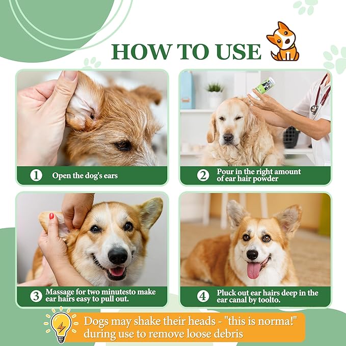 Dog Ear Hair Removal Kit - Dog Ear Powder, Trimmer and Dog Clippers Set for Grooming, Ear Cleaner for Itching, Dog Ear Infection Treatment, Removing Earwax and Odour