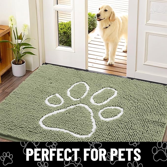 Smiry Dog Door Mat for Muddy Paws, Absorbent Dirt Trapper Non Slip Quick Dry Washable Chenille Mat for Mud Dogs, Entry Rug for Indoor and Outdoor (71x46 Inches, Sage Green and White)