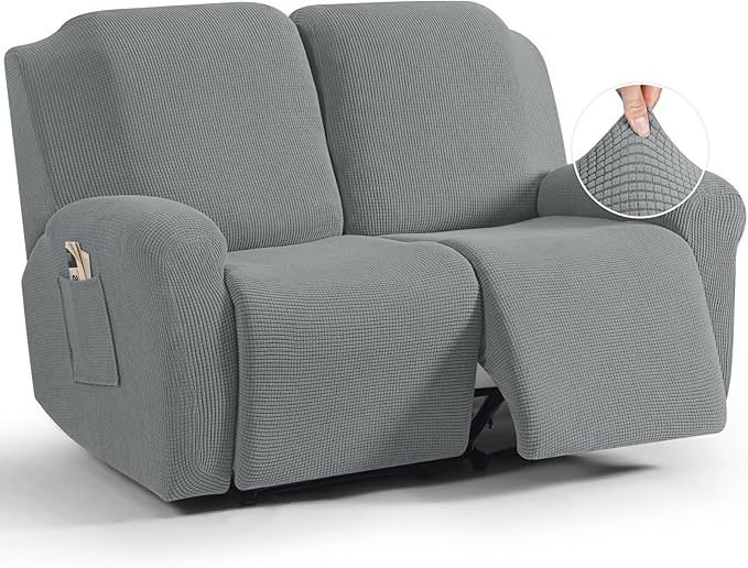 TAOCOCO Recliner Loveseat Slipcover, 6 Pieces Dual Recliner Sofa Covers for 2 Seat Dual Reclining Loveseat Couch, Stretch Soft Jacquard Pattern Furniture Protector with Elasticity (Dusty Grey)