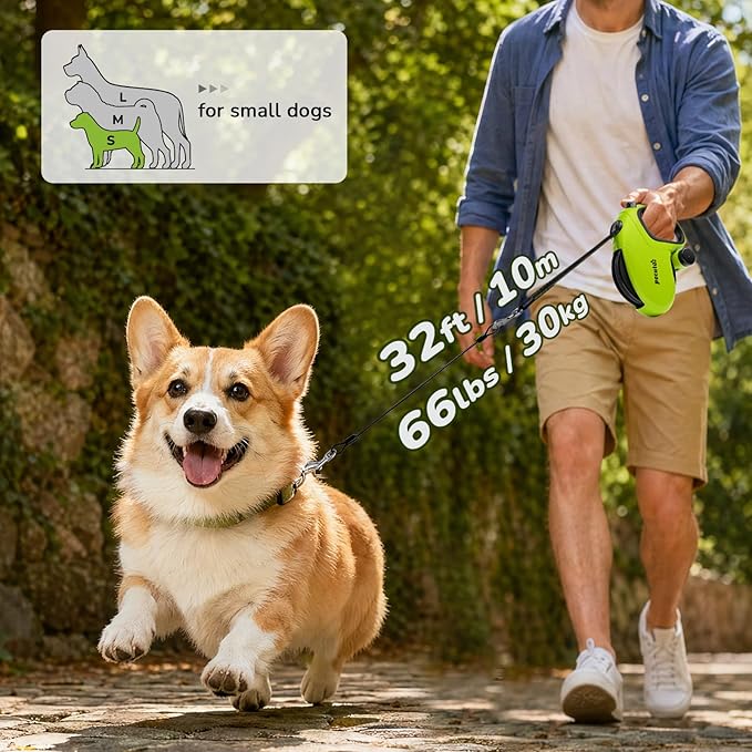 Pecute 32ft Retractable Dog Leash with Poo Bag Holder, Chew Proof Dog Leash with 360° Tangle-Free Extended, Anti-Slip Handle & Quick Brake Button, Suitable for Dogs Up to 66lbs in Weight