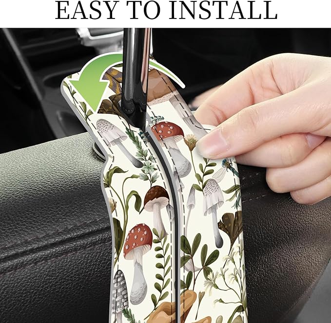 PU Leather Car Seat Hook, Storage Headrest Hanger, Cute Car Backseat Organizer, Car Hooks for Purses and Bags Mushroom Forest Pattern