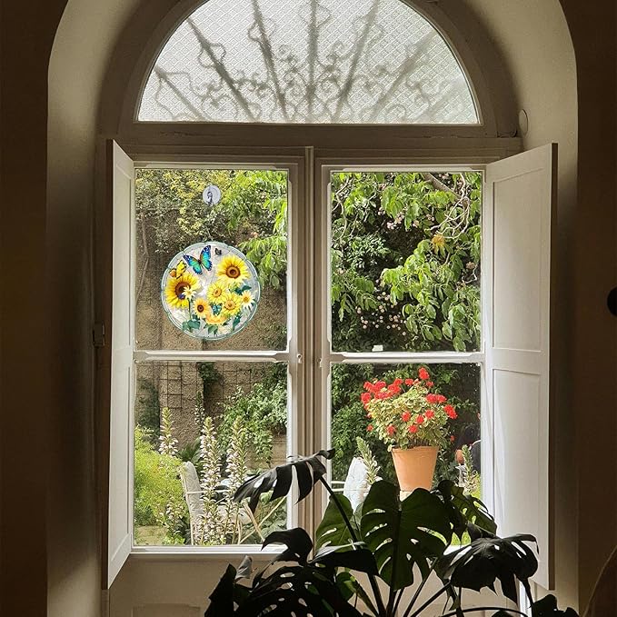 Sunflower Suncatcher 8 Inch Stained Glass Window Hanging Diamond Chain Hooks – Indoor/Outdoor Window Wall Art Home Décor -Gift for Women Men Valentine's Day Thanksgiving Ornaments Festival Gifts