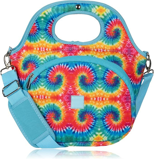 Made Easy Kit Large Insulated Lunch Tote Bag – Stylish Neoprene Carrier Foil Lining, Front Zipper Pocket & Shoulder Strap – Machine Washable, Lightweight, Travel Ready (Tie Dye)
