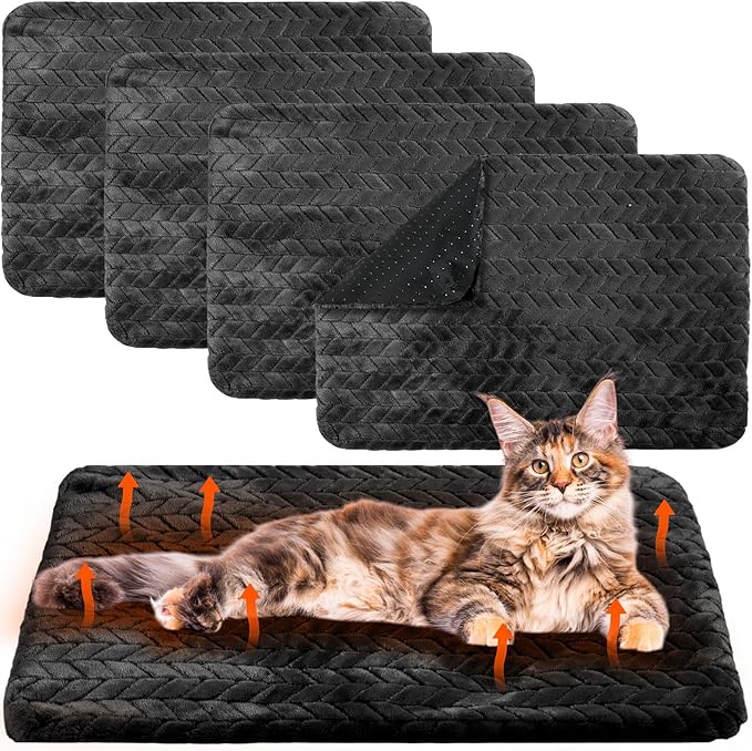 Drydiet 4 Pack Self Heating Cat Pad 16 x 20 Inch Self Warming Cat Bed Non Slip Warm Dog Pad Mat Washable Pet Kennel Crate Bed Mat for Indoor Outdoor Pets(Black,20 x 28 Inch)