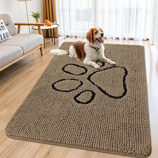 Smiry Dog Door Mat for Muddy Paws, Absorbent Dirt Trapper Non Slip Quick Dry Washable Chenille Mat for Mud Dogs, Entry Rug for Indoor and Outdoor (59x32 Inches, Camel and Black)