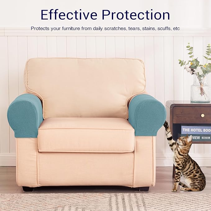 SUBRTEX Stretch Couch Arm Covers Set of 2, Checkered Sofa Arm Slipcovers, Anti-Slip Armrest Covers for Recliner and Armchairs, Pet Proof, High Stretchy, Hook & Loop Tape, Steel Blue