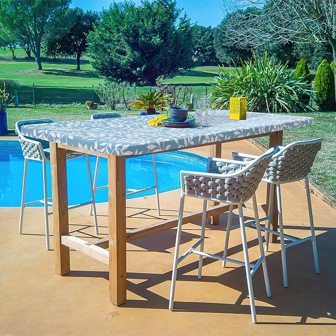 misaya Rectangle Vinyl Tablecloth, Fitted Table Cover, 100% Waterproof, Elastic Edge, Flannel Backing, Plastic Table Cloth Fit Folding Tables for Picnic, Outdoor (Blue Leaves, 36x72 inch)