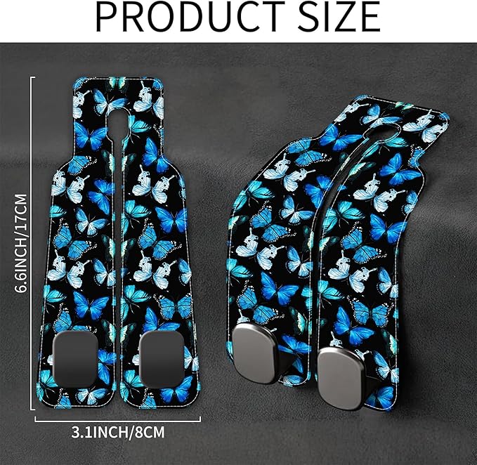 AEWNUNK Purse Hook for Car Watercolor Blue Butterflies 1 Pack Headrest Back Seat Hook Premium Leather Double Metal Hanger Storage Pack Bag Purse Holder Car Interior Accessories