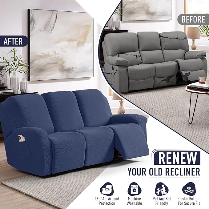 TAOCOCO Recliner Sofa Covers 8-Pieces Stretch Large Couch Covers for 3 Seats Reclining Slipcovers Soft Jacquard Pattern Furniture Protector (Navy Blue)