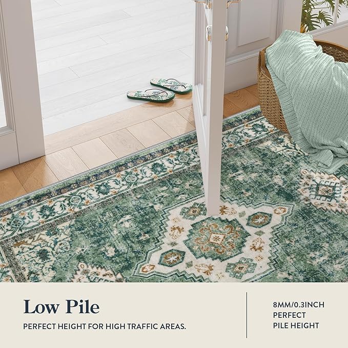 Lahome Oriental Machine Washable Rug, 3x5 Soft Green Rugs for Entryway Dorm, Non Slip Distressed Vintage Throw Carpet for Bedroom Living Room Entrance Eleanor, Green/Multi