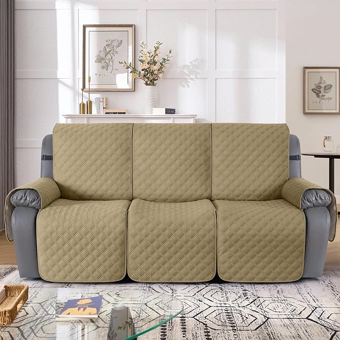 TAOCOCO 100% Waterproof Recliner Couch Covers, Recliner Sofa Covers with Leg Straps, 1-Piece Washable Reclining Sofa Cover with Pocket Couch Protector for Pets Kids(3 Seater, Camel)