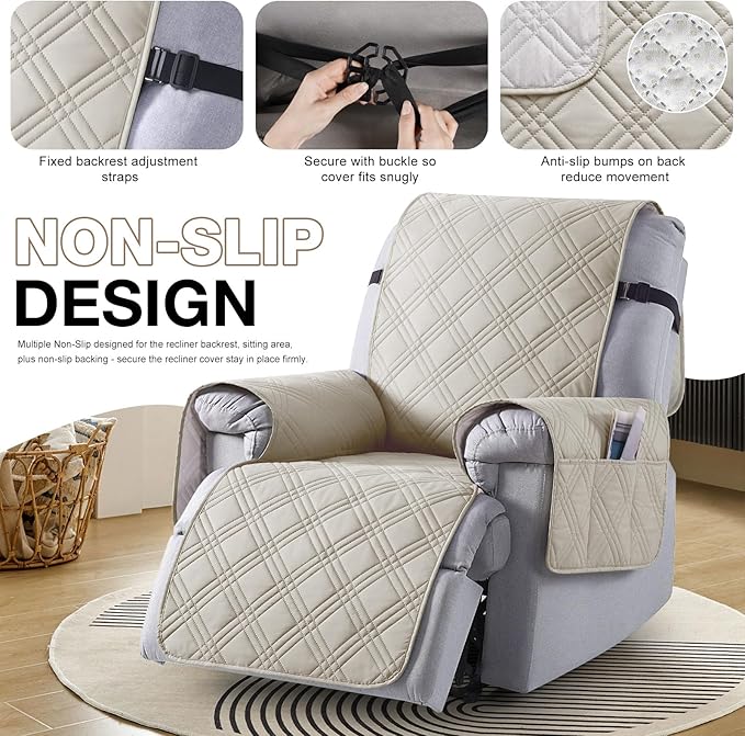 TAOCOCO 100% Waterproof Recliner Chair Cover, Oversized Recliner Covers for Large Recliner Chair with Double Straps, Non Slip Reclining Chair Cover for Kids, Pets(28'', Cream)