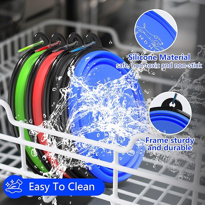 2-Pack Collapsible Dog Bowls, Portable Travel Pet Bowl with Carabiner – Foldable Silicone Feeding Dish for Dogs and Cats On-The-Go (Red + Blue)