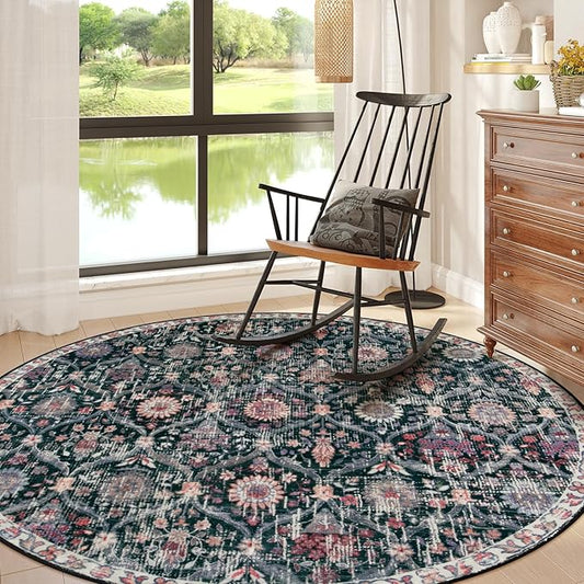 Lahome Moroccan Trellis Washable Round Area Rug, Round Rug 5ft Soft Non-Slip, Non-Shedding Distressed Circle Carpet for Bedroom Living Room Bathroom Nursery Kitchen Elise, Black/Multi