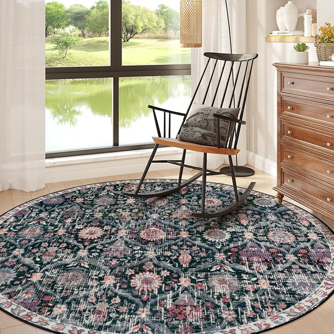 Lahome Moroccan Trellis Washable Round Area Rug, Soft Round Rugs 6ft Ultra-Thin Non-Slip, Vintage Large Circle Carpet for Bedroom Living Room Kitchen Nursery Elise, Black/Multi