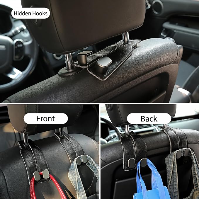 KINIVA 4 Pack Car Seat Hooks for Headrest, PU Leather Purse Hook Holder - Double Hook Design for Bags, Phones, Groceries, Car Back Seat Storage Accessories (06-Black 4 Pcs)