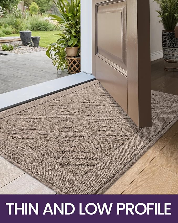 DEXI Front Door Mat for Entryway, 32x48 Washable Entry Rugs with Non Slip Backing, Low Profile Absorbent Welcome Floor Doormat for Inside Home, Entrance, Beige