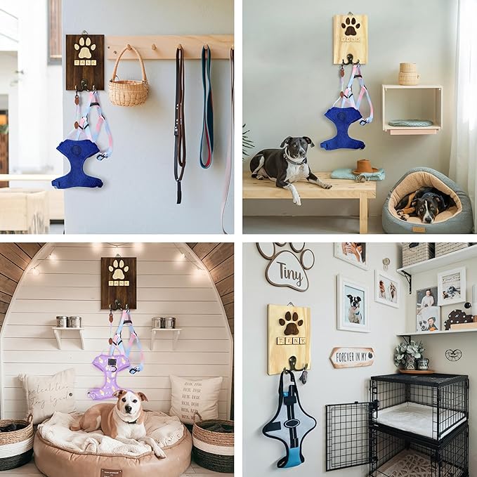 Personalized Dog Leash Holder Wall Mount, Pet Harness Hanger with Scrabble Letters, Dog Collar Organizer for Entryway, Memorial Cat Leash Holder for Wall, Pet Loss Gifts, Keepsake, Home Decor