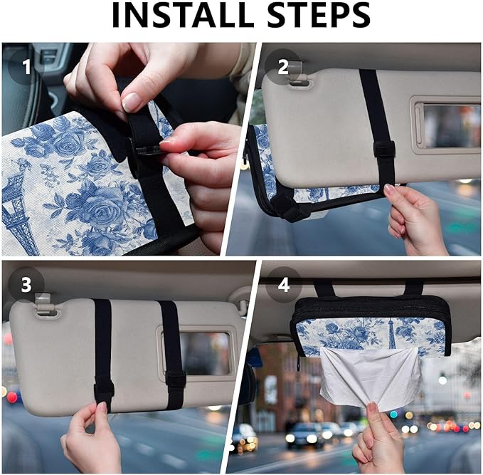 Car Tissue Holder Car Napkin Holder Car Tissue Box Dispenser Storage Case Sun Visor Mask Holder with Adjustable Straps Reusable Refillable Blue Roses and Eiffel Tower