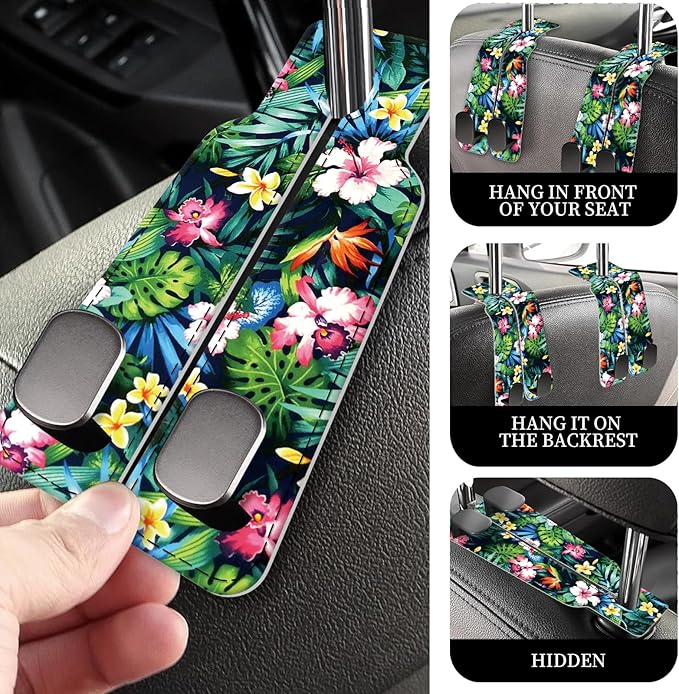 PU Leather Car Seat Hook, Storage Headrest Hanger, Cute Car Backseat Organizer, Car Hooks for Purses and Bags Tropical Hibiscus Leaves