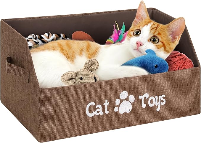 LOVSTORAGE 2X Thicker Large Cat Toy Bin - Collapsible Box, Sturdy Basket, Kitten Storage Bed for Organizing Toys, Treats, Clothes and Accessories (Brown)