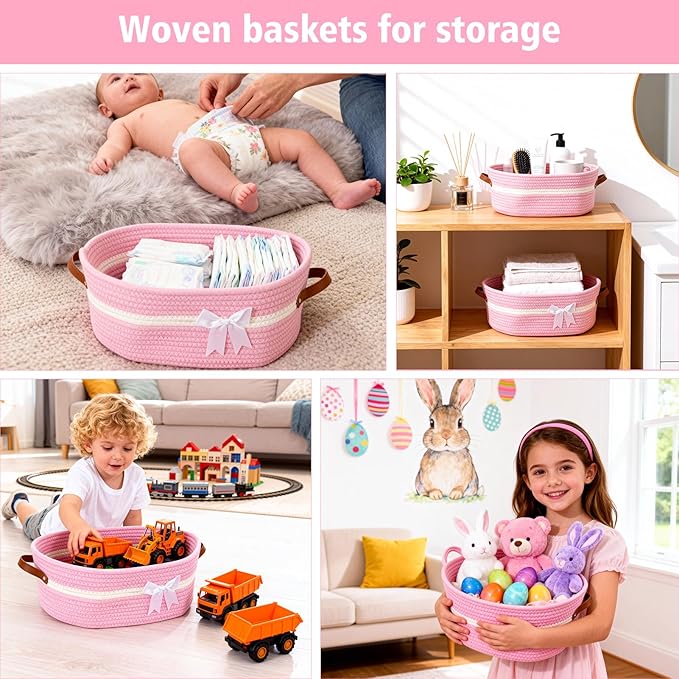 Empty Woven Gift Basket with Handles, 14"x10"x5.5" Mothers Day Gift Basket, Storage Wicker Basket for DIY, Birthday Valentines Day Gift Baby Pet Shower Storage (Pink)