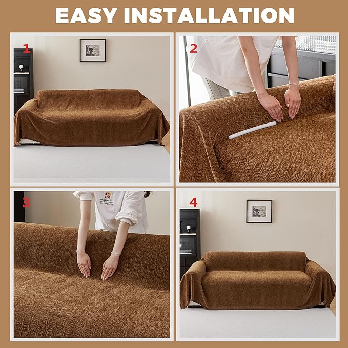 Chenille Couch Cover for Dogs - Sofa Covers for 2 Cushion Sofa Pet Friendly, Scratch Resistant & Non-Slip Furniture Cover Fits Love Seat, Beige, 71"x118", Brown