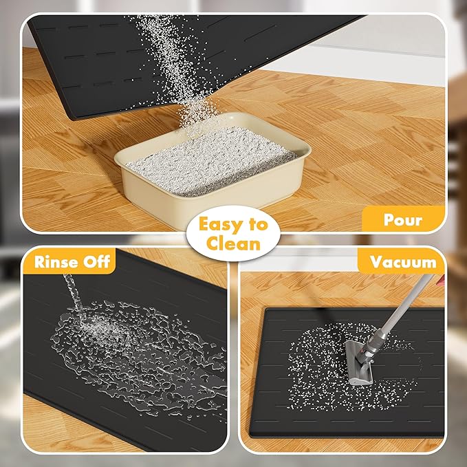 Pieviev Silicone Cat Litter Trapping Mat, 40''x28'' Extra Large Cat Litter Mat, Easy to Clean & Soft on Kitty Paws, Waterproof Kitty Litter Pads for Indoor Cats, Black